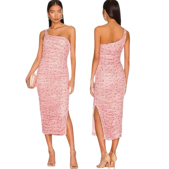 REVOLVE x LIKELY | NWT Tash Pink Floral Midi Dress One Shoulder Ruched Bodycon 6 - Picture 1 of 9